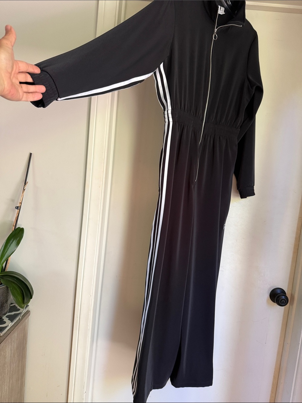 Black Long-Sleeve Jumpsuit with White Stripes
